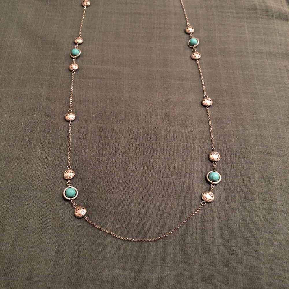 Elegant Turquoise and Silver Long Sweater Necklace